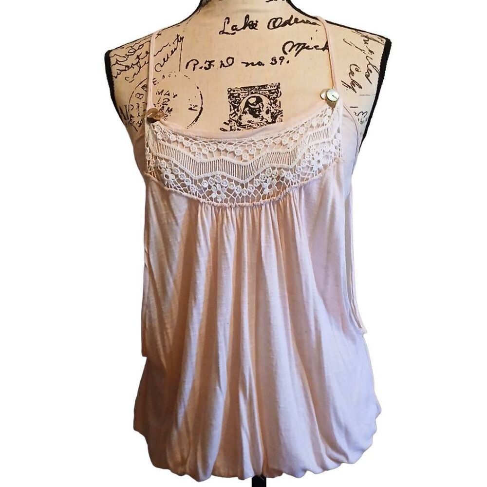 FREE PEOPLE VINTAGE BOHO FLOWY ORANGE/WHITE CROCHET TOP SMALL